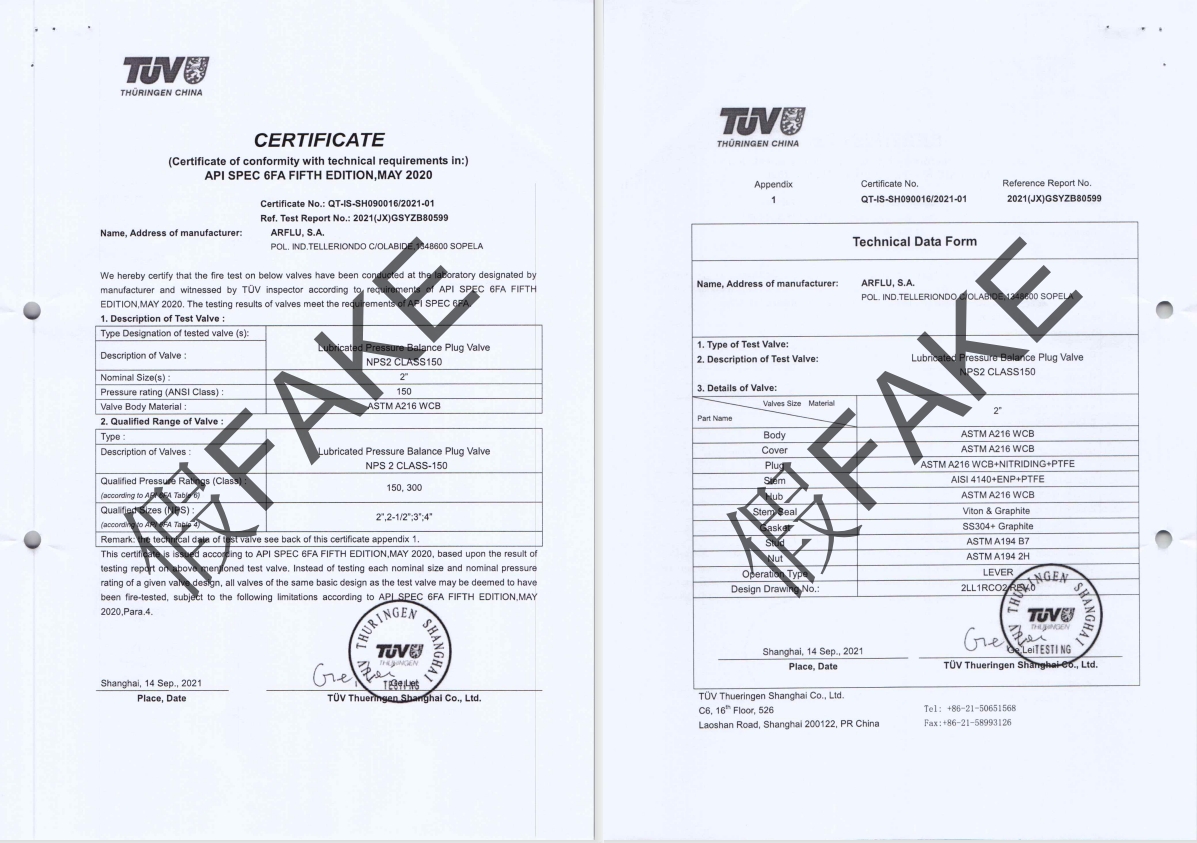 Fake Fire Safe Test Certificates of ARFLU